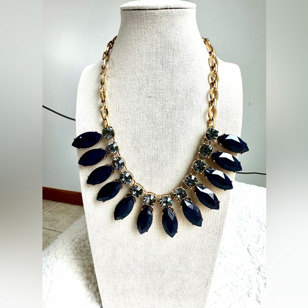Stunning Vintage J. Crew Gold and Navy Statement Necklace 18”